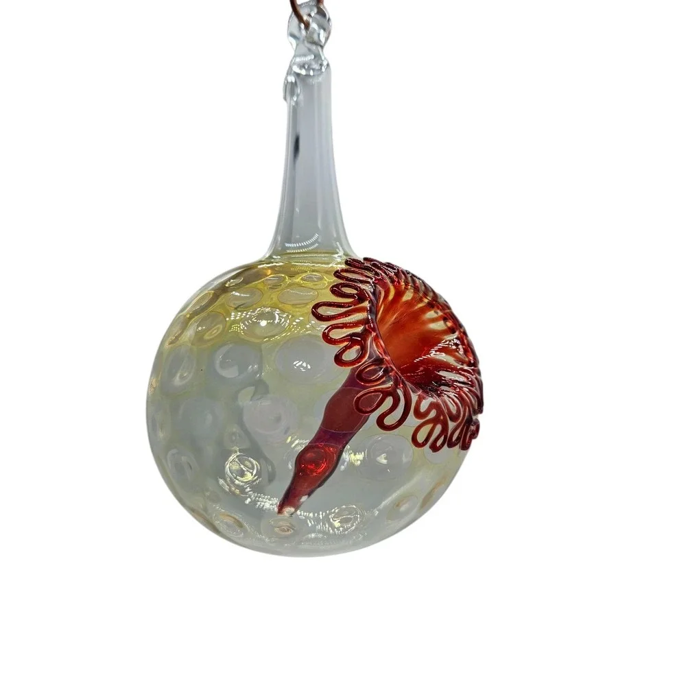 Handblown Glass Orb Ball Hummingbird Feeder Hanging Red Flower Indents Large